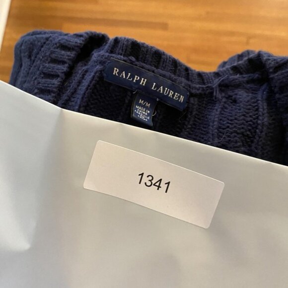 Vtg Ralph Lauren Sweater Womens Medium Navy Cable Knit V Neck Red Pony Pullover - Picture 10 of 10